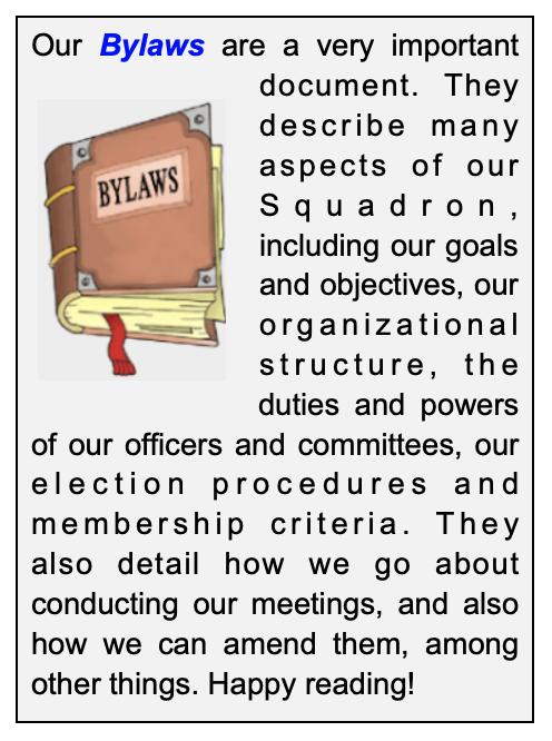 Our Bylaws are a very important document. They describe many aspects of our Squadron, including our goals and objectives, our organizational structure, the duties and powers of our officers and committees, our election procedures and membership criteria. They also detail how we go about conducting our meetings, and also how we can amend them, among other things. Happy reading!