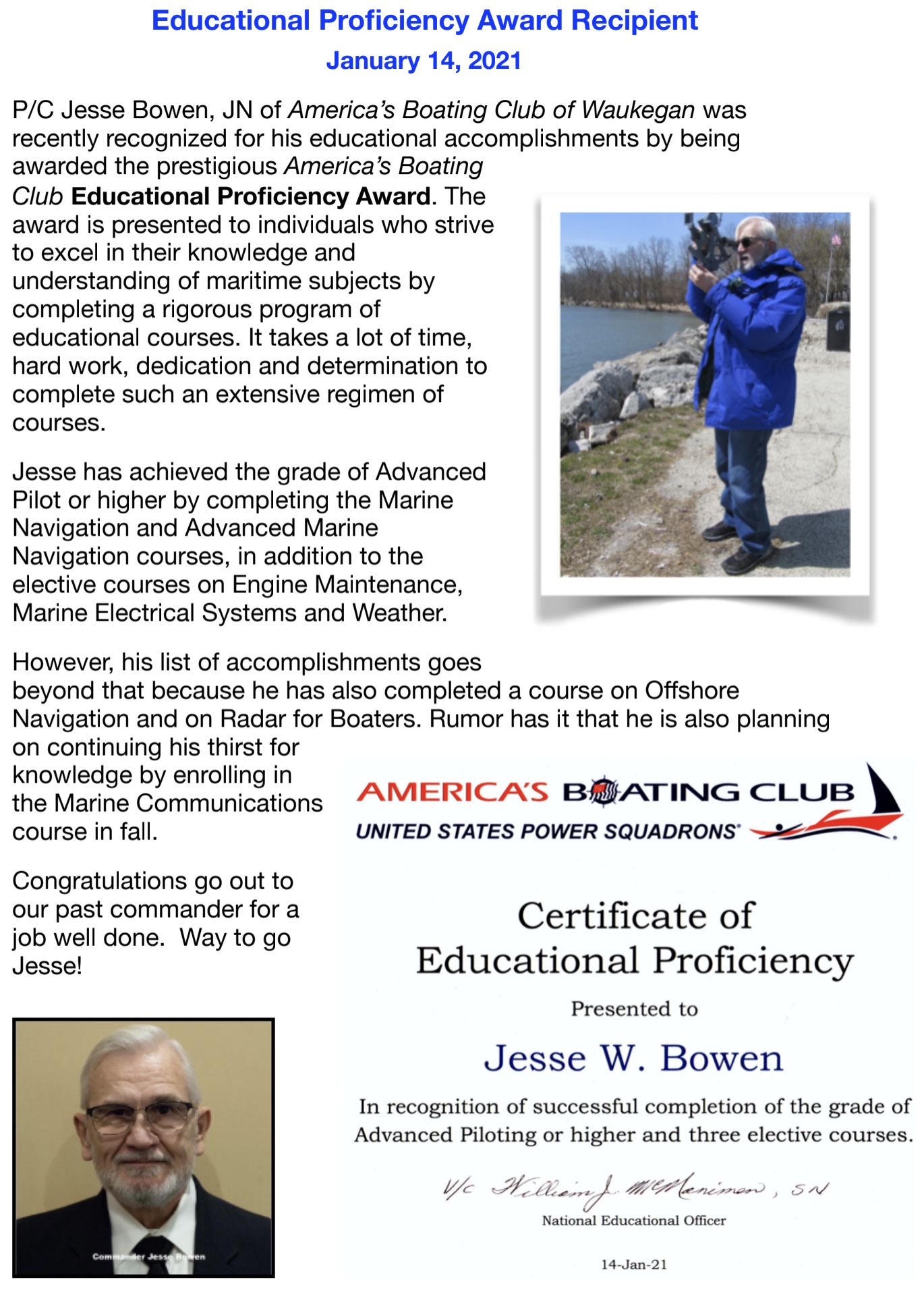 Pictured is the Jesse Bowen Educational Proficiency Award