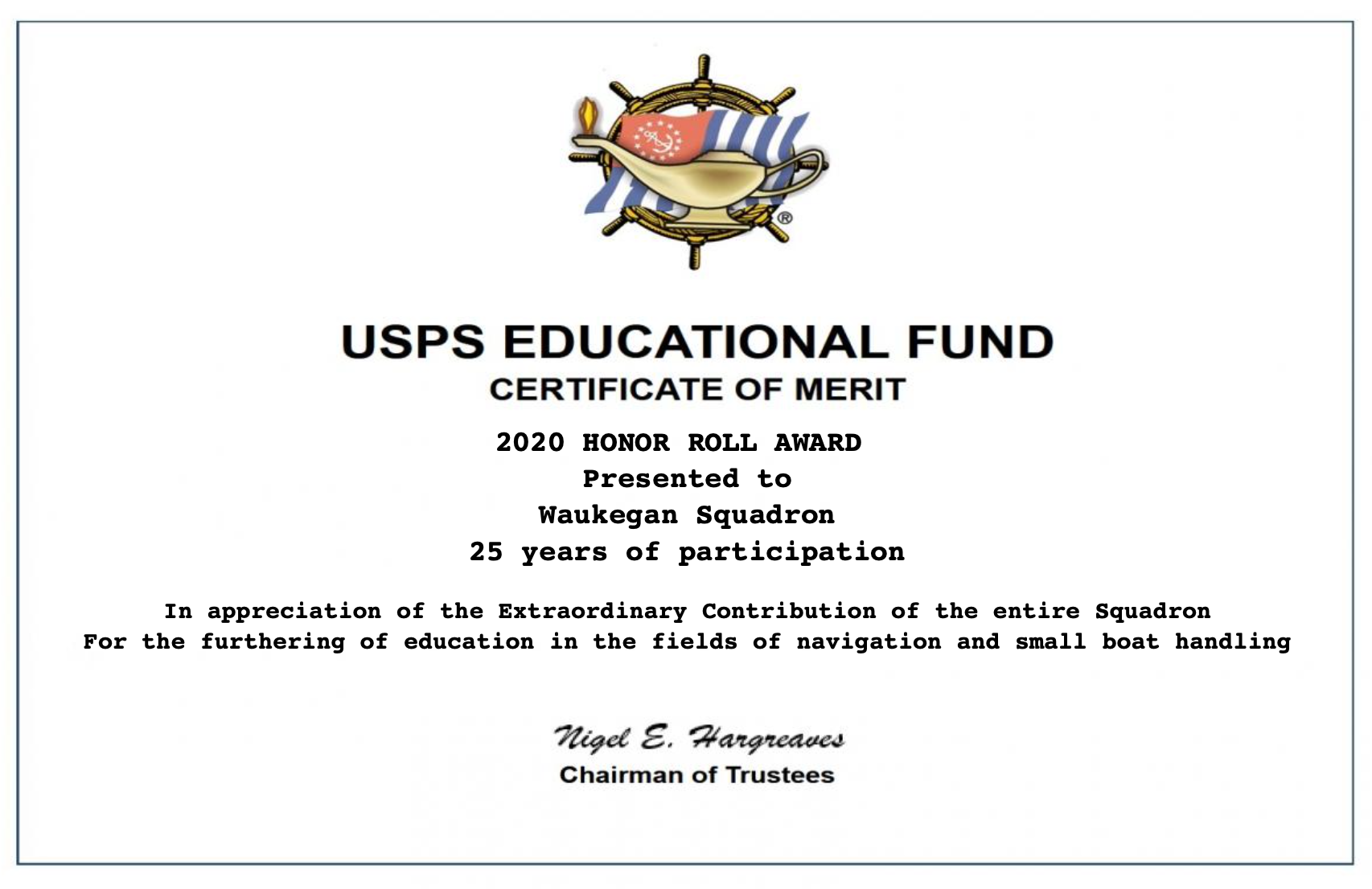 Pictured is the USPS Educational Fund Certificate of Merit 2020